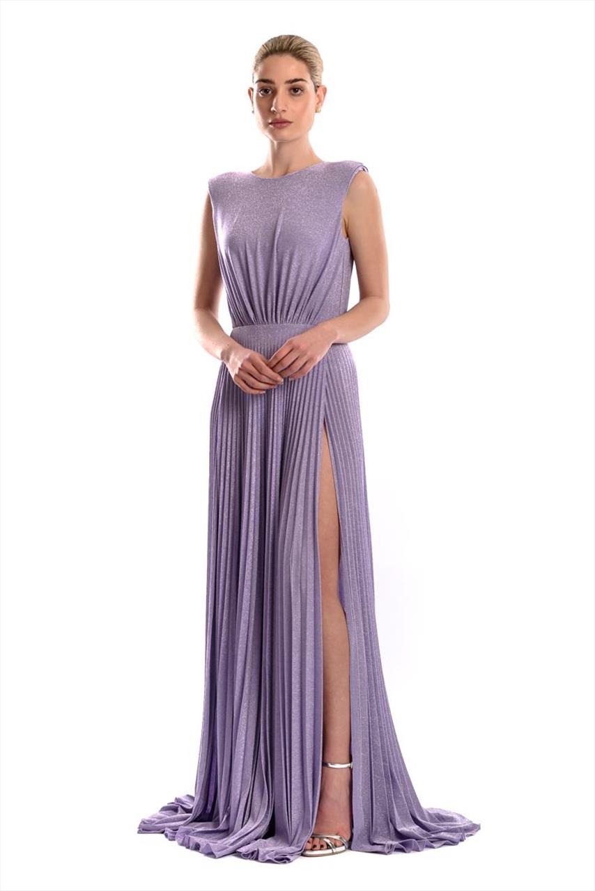 Pleated Maxi lurex dress with full-cut neckline at the back