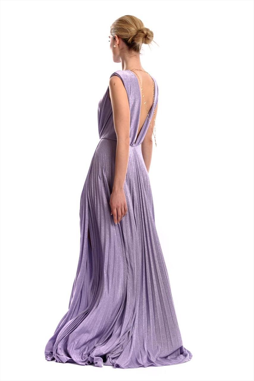Pleated Maxi lurex dress with full-cut neckline at the back