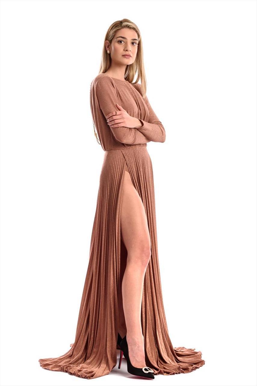 Long pleated lurex dress with slits and back neckline with