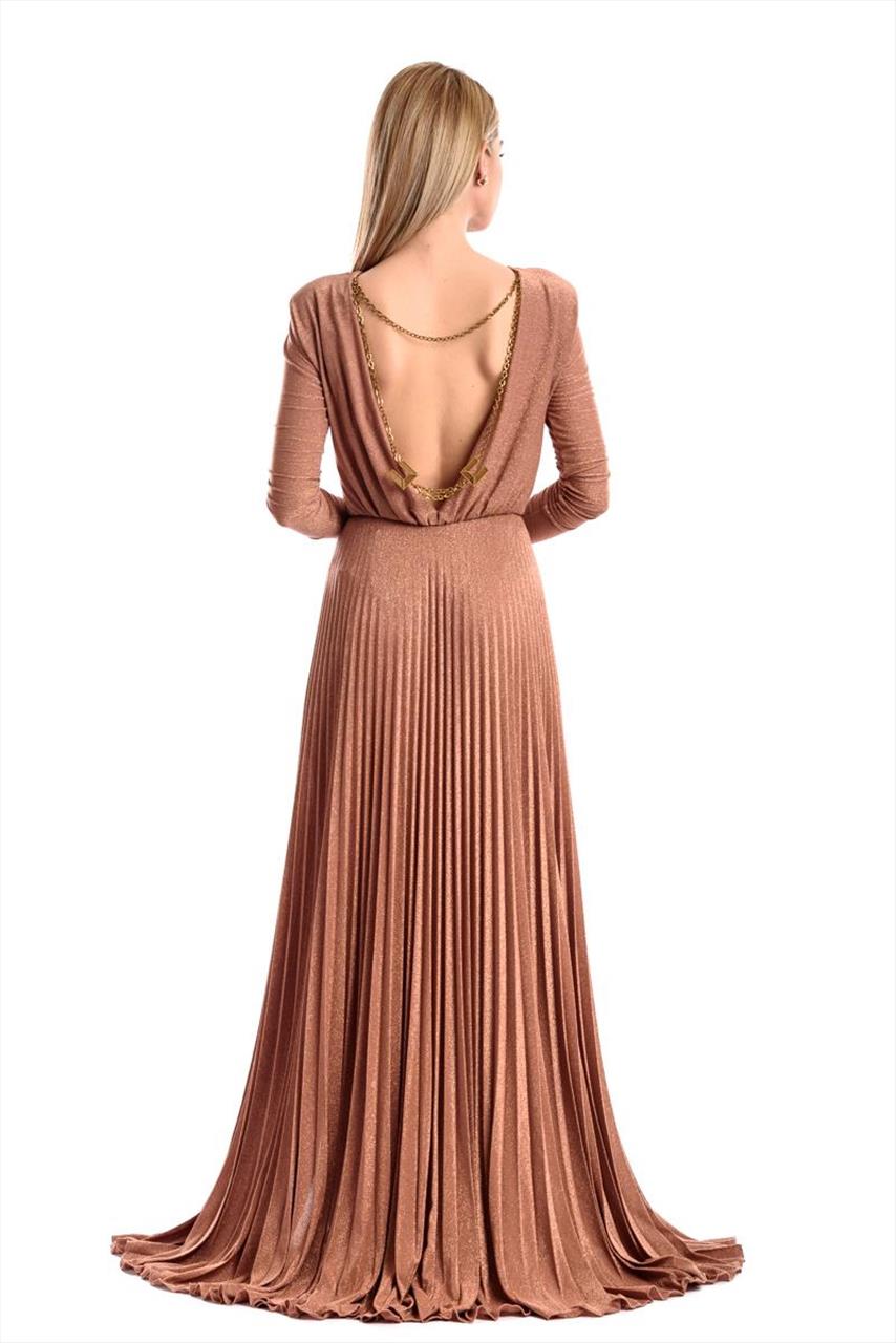Long pleated lurex dress with slits and back neckline with