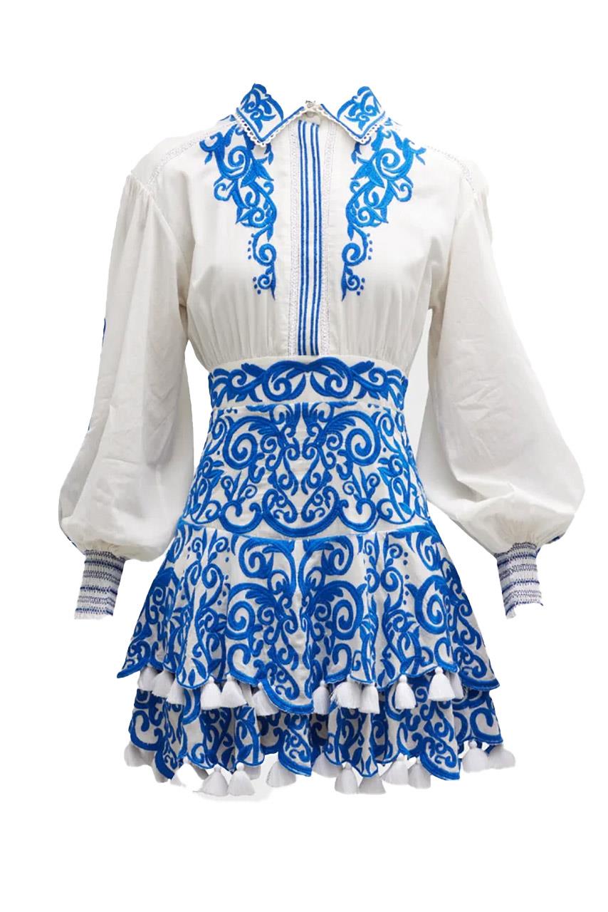 Loryn Embroidered Long Sleeve Tiered Mini Dress Tsigaloglou Collection